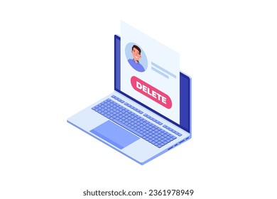 Remove or delete the social account or profile concept. Isometric vector illustrations for banner, website, landing page, flyer.
