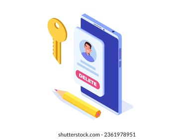 Eliminar o eliminar el concepto de cuenta social o perfil. Isometric vector ilustraciones para banner, sitio web, página de inicio, volante.
