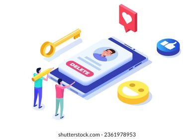 Remove or delete the social account or profile concept. Isometric vector illustrations for banner, website, landing page, flyer.
