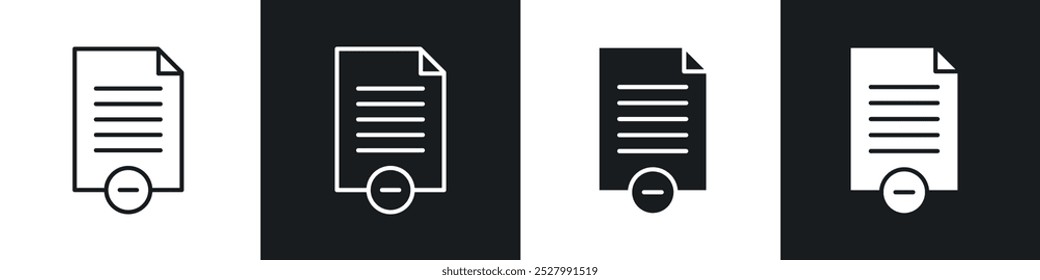 Remove document icon vector icon set black filled and outlined style.