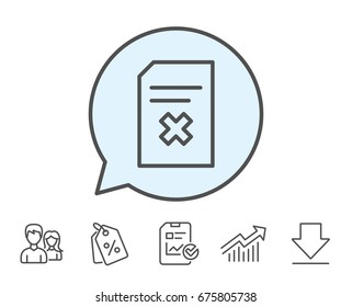 Remove Document line icon. Delete Information File sign. Paper page concept symbol. Report, Sale Coupons and Chart line signs. Download, Group icons. Editable stroke. Vector