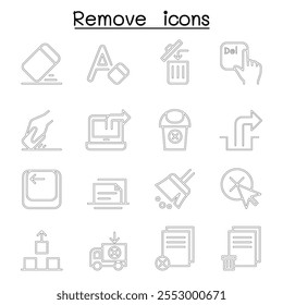 Remover, Apagar, Excluir conjunto de ícones no estilo de linha fina