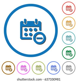 Remove event from calendar flat color vector icons with shadows in round outlines on white background