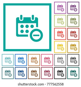 Remove event from calendar flat color icons with quadrant frames on white background