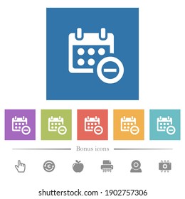 Eliminar evento de iconos blancos planos del calendario en fondos cuadrados. 6 iconos de bonificación incluidos.