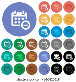 Remove event from calendar multi colored flat icons on round backgrounds. Included white, light and dark icon variations for hover and active status effects, and bonus shades on black backgounds.