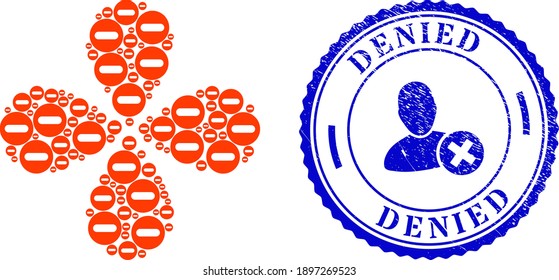 Remove exploding flower with four petals, and blue round DENIED rubber watermark with icon inside. Object flower with 4 petals designed from oriented remove symbols.