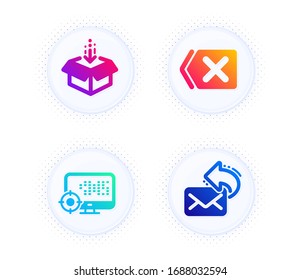 Quitar, Obtener cuadro y Seo iconos conjunto simple. Botón con puntos de tono medio. Compartir el signo de correo. Botón Eliminar, Enviar paquete, Motor de búsqueda. Nuevo correo electrónico. Conjunto tecnológico. Icono de eliminación plana de degradado. Vector