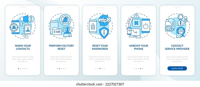 Remove hacker blue onboarding mobile app screen. Smartphone safety walkthrough 5 steps editable graphic instructions with linear concepts. UI, UX, GUI template. Myriad Pro-Bold, Regular fonts used