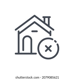 Remove house from list line icon. House building with cross vector outline sign.