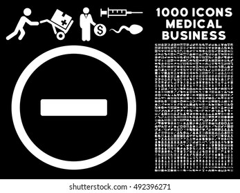 Remove icon with 1000 medical commerce white vector pictograms. Set style is flat symbols, black background.