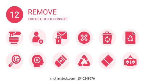 remove icon set. Collection of 12 filled remove icons included Wax, Cancel, Erase, Recycle, Search mail, Failure, Eraser, Recycling, Close
