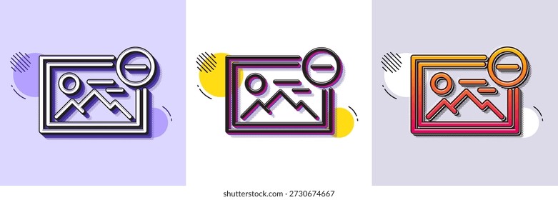 Remove image line icon. Halftone dotted pattern. Gradient icon with grain shadow. Photo thumbnail sign. Picture placeholder symbol. Line remove image icon. Various designs. Vector