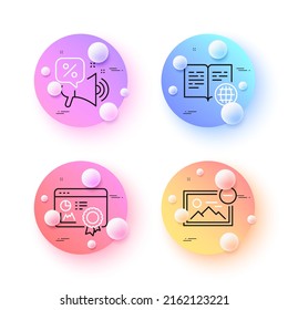 Eliminar imagen, certificado Seo y descuentos ofrecen iconos de línea mínimos. botones de esferas o bolas 3d. Iconos del libro de Internet. Para web, aplicación, impresión. Vector