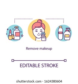 Remove makeup concept icon. Cosmetic products. Dermatology and beauty. Healthy skincare routine idea thin line illustration. Vector isolated outline RGB color drawing. Editable stroke