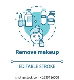 Remove makeup, skin cleansing, hygienic procedure concept icon. Face purification step, dermatology idea thin line illustration. Vector isolated outline RGB color drawing. Editable stroke