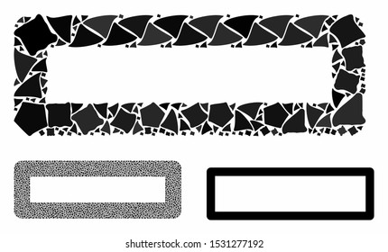 Remove mosaic of unequal parts in variable sizes and color tints, based on remove icon. Vector raggy elements are grouped into mosaic. Remove icons collage with dotted pattern.