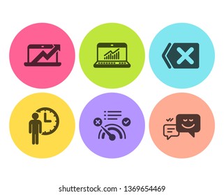 Remove, No internet and Waiting icons simple set. Online statistics, Sales diagram and Happy emotion signs. Delete button, Bandwidth meter. Technology set. Flat remove icon. Circle button. Vector