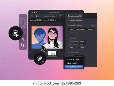 Remove objects in raster graphics editor. Toolbar. Software for creating retouching and digital art