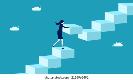 Remove Obstacles. Businesswoman Repairs A Broken Staircase. Business Concept