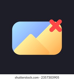 Remove photo file flat gradient fill ui icon for dark theme. Deleting picture. Image and cross mark. Pixel perfect color pictogram. GUI, UX design on black space. Vector isolated RGB illustration