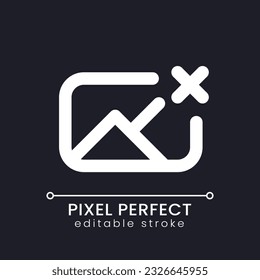 Remove photo file pixel perfect white linear ui icon for dark theme. Deleting picture. Image and cross mark. Vector line pictogram. Isolated user interface symbol for night mode. Editable stroke