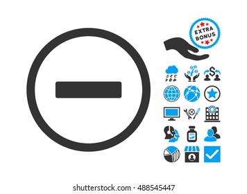 Remove pictograph with bonus icon set. Vector illustration style is flat iconic bicolor symbols, blue and gray colors, white background.