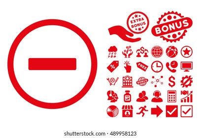 Remove pictograph with bonus pictogram. Vector illustration style is flat iconic symbols, red color, white background.