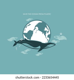 remove plastic waste from oceans for a better world poster, silhouette of eryh and whale vector illustrations