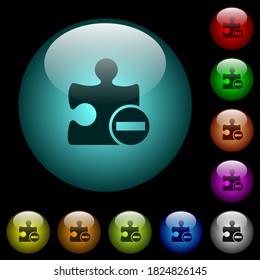 Eliminar los iconos del complemento en botones de vidrio esférico iluminados por color sobre fondo negro. Se puede utilizar para plantillas en negro u oscuro
