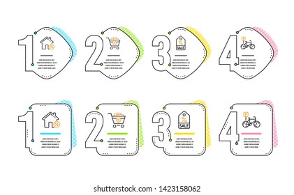 Remove purchase, Loan house and Sale coupon icons simple set. Bicycle parking sign. Delete from cart, Discount percent, Discount tag. Bike park. Business set. Infographic timeline. Vector
