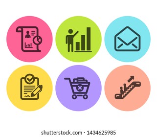 Remove purchase, Rfp and Report icons simple set. Graph chart, Mail and Escalator signs. Delete from cart, Request for proposal. Business set. Flat remove purchase icon. Circle button. Vector