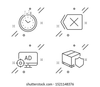 Remove, Seo adblock and Time line icons set. Delivery insurance sign. Delete button, Search engine, Clock. Parcel protection. Line remove outline icon. Vector
