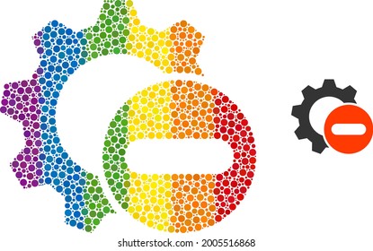 Remove settings gear collage icon of circle elements in variable sizes and rainbow color tinges. A dotted LGBT-colored remove settings gear for lesbians, gays, bisexuals, and transgenders.