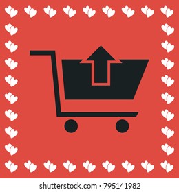 Remove Shopping Cart icon flat. Simple black pictogram on red background with white hearts for valentines day. Vector illustration symbol