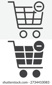 Remove shopping cart icon set in different style with minus sign. Line outline and solid icon vector sign and symbol, editable stroke. Remove cart icon for online shopping actions.