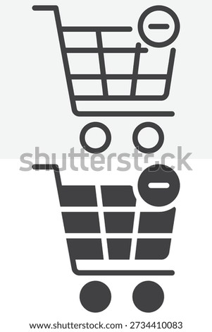 Remove shopping cart icon set in different style with minus sign. Line outline and solid icon vector sign and symbol, editable stroke. Remove cart icon for online shopping actions.