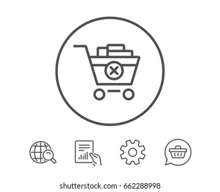 Remove Shopping cart line icon. Online buying sign. Supermarket basket symbol. Hold Report, Service and Global search line signs. Shopping cart icon. Editable stroke. Vector