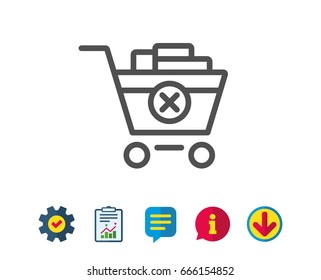 Remove Shopping cart line icon. Online buying sign. Supermarket basket symbol. Report, Service and Information line signs. Download, Speech bubble icons. Editable stroke. Vector