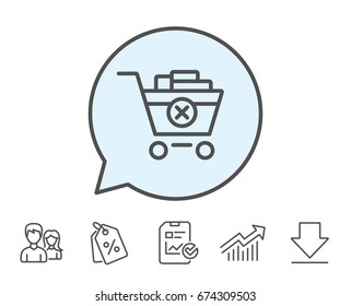 Remove Shopping cart line icon. Online buying sign. Supermarket basket symbol. Report, Sale Coupons and Chart line signs. Download, Group icons. Editable stroke. Vector