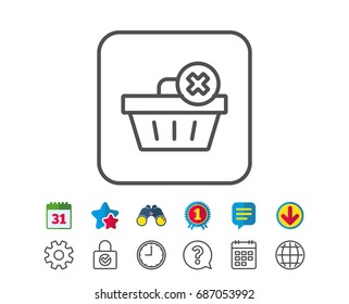 Remove Shopping cart line icon. Online buying sign. Supermarket basket symbol. Calendar, Globe and Chat line signs. Binoculars, Award and Download icons. Editable stroke. Vector