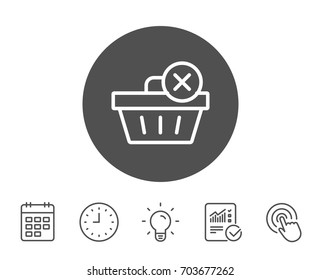 Remove Shopping cart line icon. Online buying sign. Supermarket basket symbol. Report, Clock and Calendar line signs. Light bulb and Click icons. Editable stroke. Vector