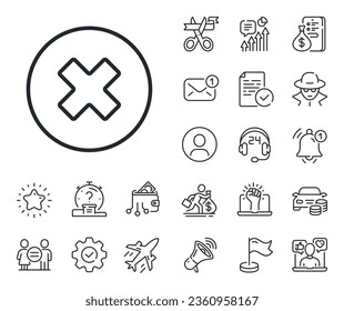 Schild entfernen. Salaryman, Gleichstellung der Geschlechter und Warnglocken umreißen Symbole. Löschen Sie das Zeilensymbol. Symbol abbrechen oder schließen. Schließen Sie das Symbol für die Tastenzeile. Spy oder Profil-Platzhalter-Symbol. Online-Support, Streik. Vektorgrafik