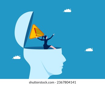 Remove suffering from your brain. Businesswoman throws away warning sign from head