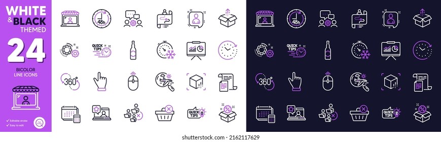 Remove team, Beer bottle and 48 hours line icons for website, printing. Collection of Click hand, Documents, Augmented reality icons. Developers chat, Swipe up, Search flight web elements. Vector