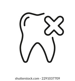 Remove Tooth Line Icon. Dental Delete Linear Pictogram. Cancel Molar Teeth with Cross. Oral Care. Dentistry Outline Symbol. Dental Treatment Sign. Editable Stroke. Isolated Vector Illustration.