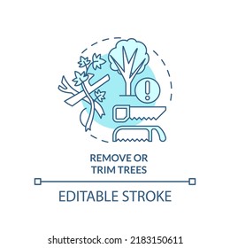 Icono de concepto de color turquesa para quitar y recortar árboles. Ilustración de línea delgada de idea abstracta de precaución de seguridad. Prune ramas. Dibujo de contorno aislado. Trazo editable. Fuentes Arial, Myriad Pro-Bold utilizadas