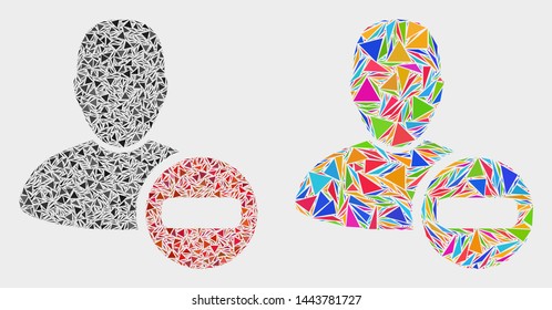 Remove user collage icon of triangle elements which have different sizes and shapes and colors. Geometric abstract vector illustration of remove user.