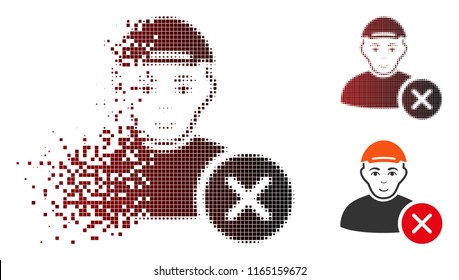 Remove user icon with face in sparkle, pixelated halftone and undamaged entire variants. Particles are organized into vector dissolving remove user shape.