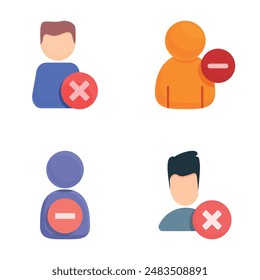 Remove user icons set cartoon vector. Account cannot be accessed or used. Social community